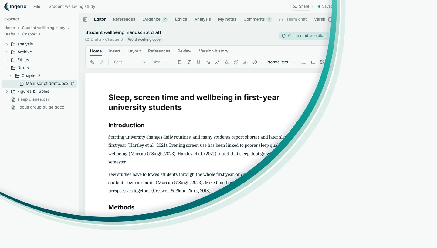 The Inqerio editor with a project's files and a manuscript open. A curved band in the brand colours covers the rest of the window.